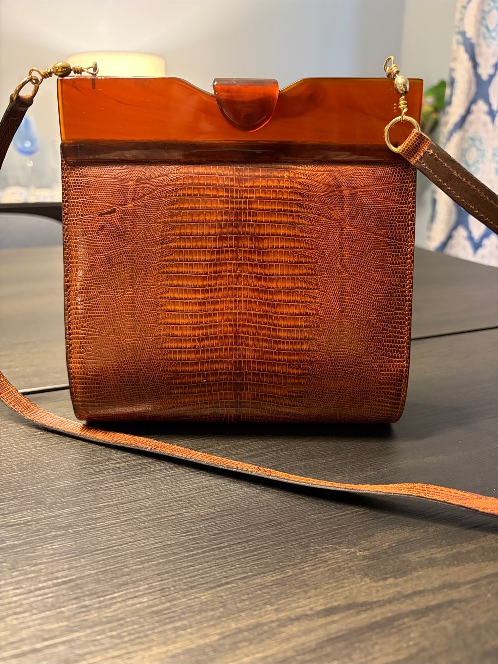 Vintage Colombetti Milano Lizard Crossbody Bag Tortoise Lucite Frame MINT
